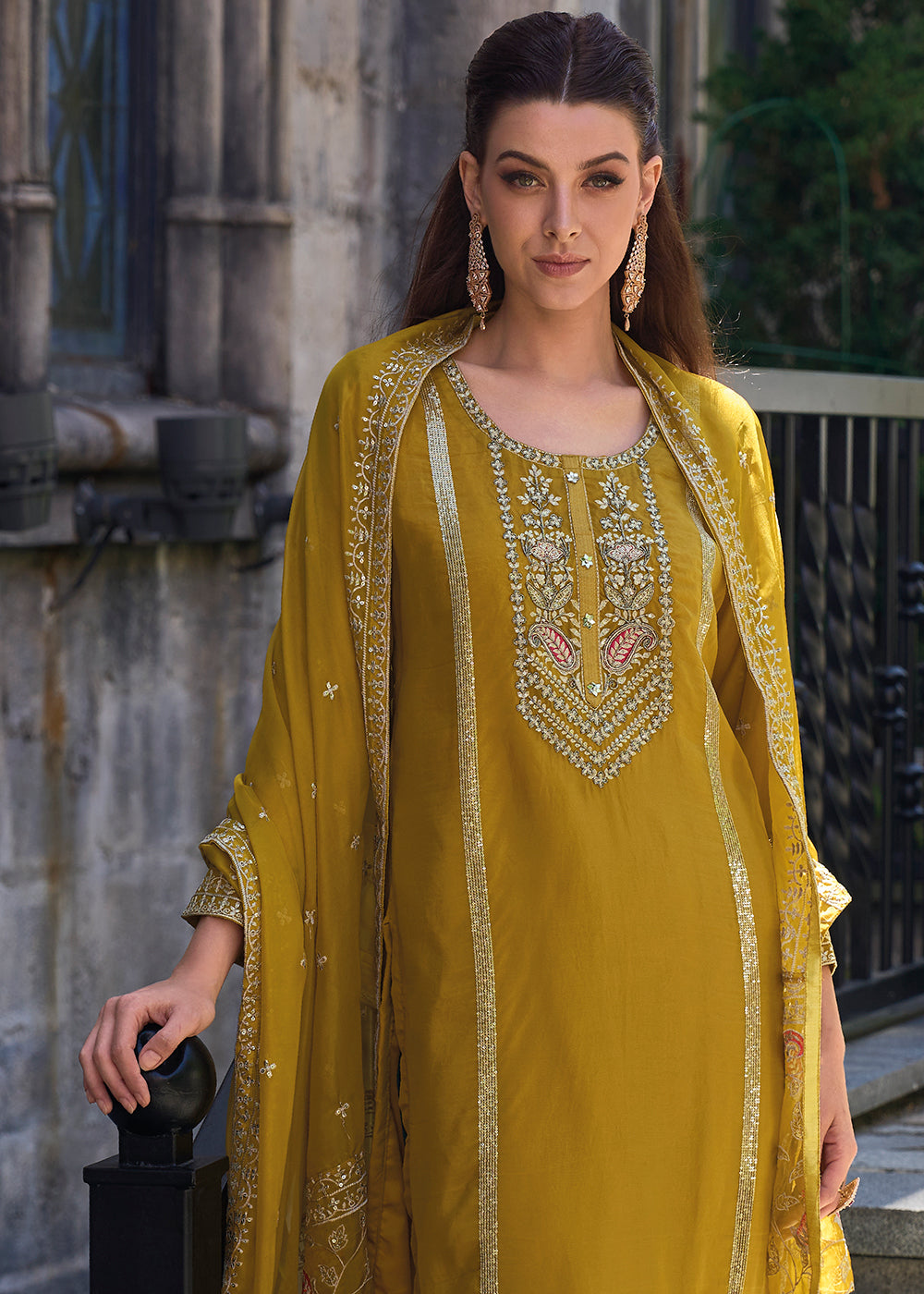 Mustard Yellow Organza Suit with Floral Embroidery work