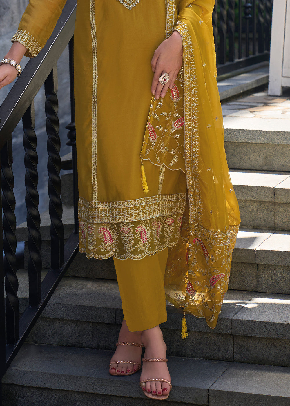 Mustard Yellow Organza Suit with Floral Embroidery work