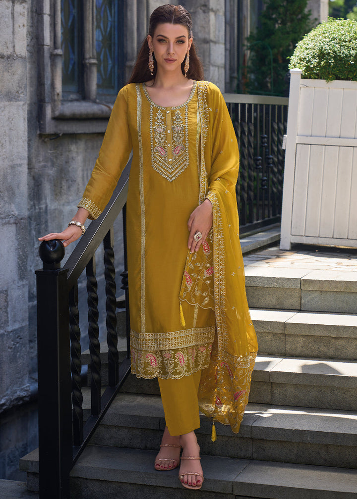 Mustard Yellow Organza Suit with Floral Embroidery work