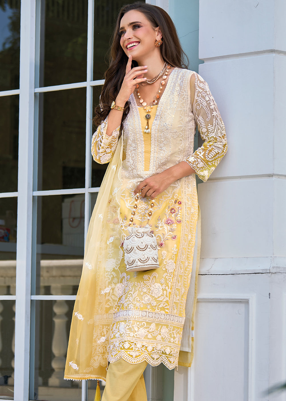 Shades Of Yellow & White Organza Suit Having Beautiful Embroidery work