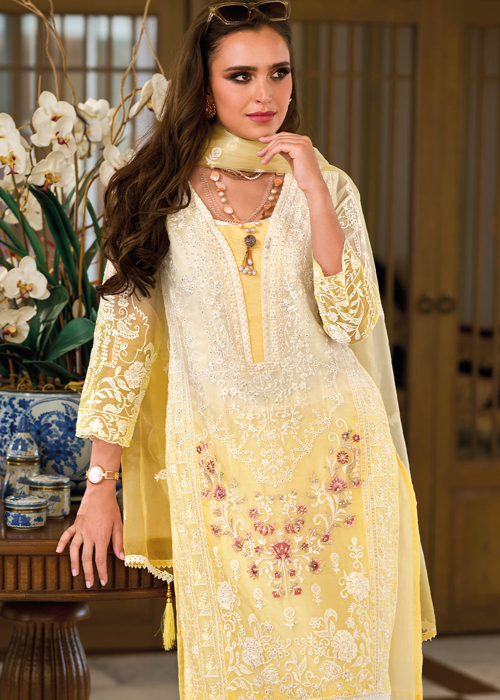 Shades Of Yellow & White Organza Suit Having Beautiful Embroidery work