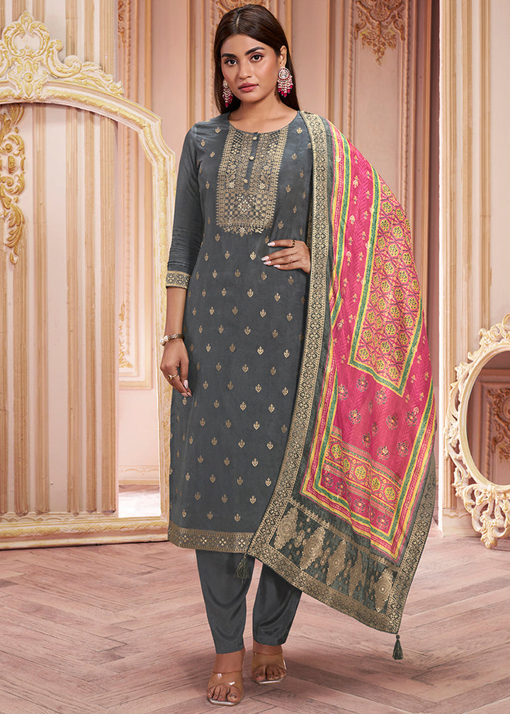 Steel Grey Dola Silk Jacquard Kurta with Santoon Trouser and Dola Jacquard Printed Dupatta