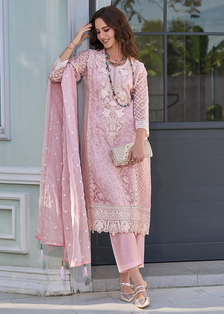 Lavender Rose Pink Embroidered Designer Organza Suit