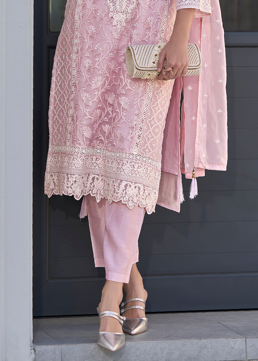 Lavender Rose Pink Embroidered Designer Organza Suit