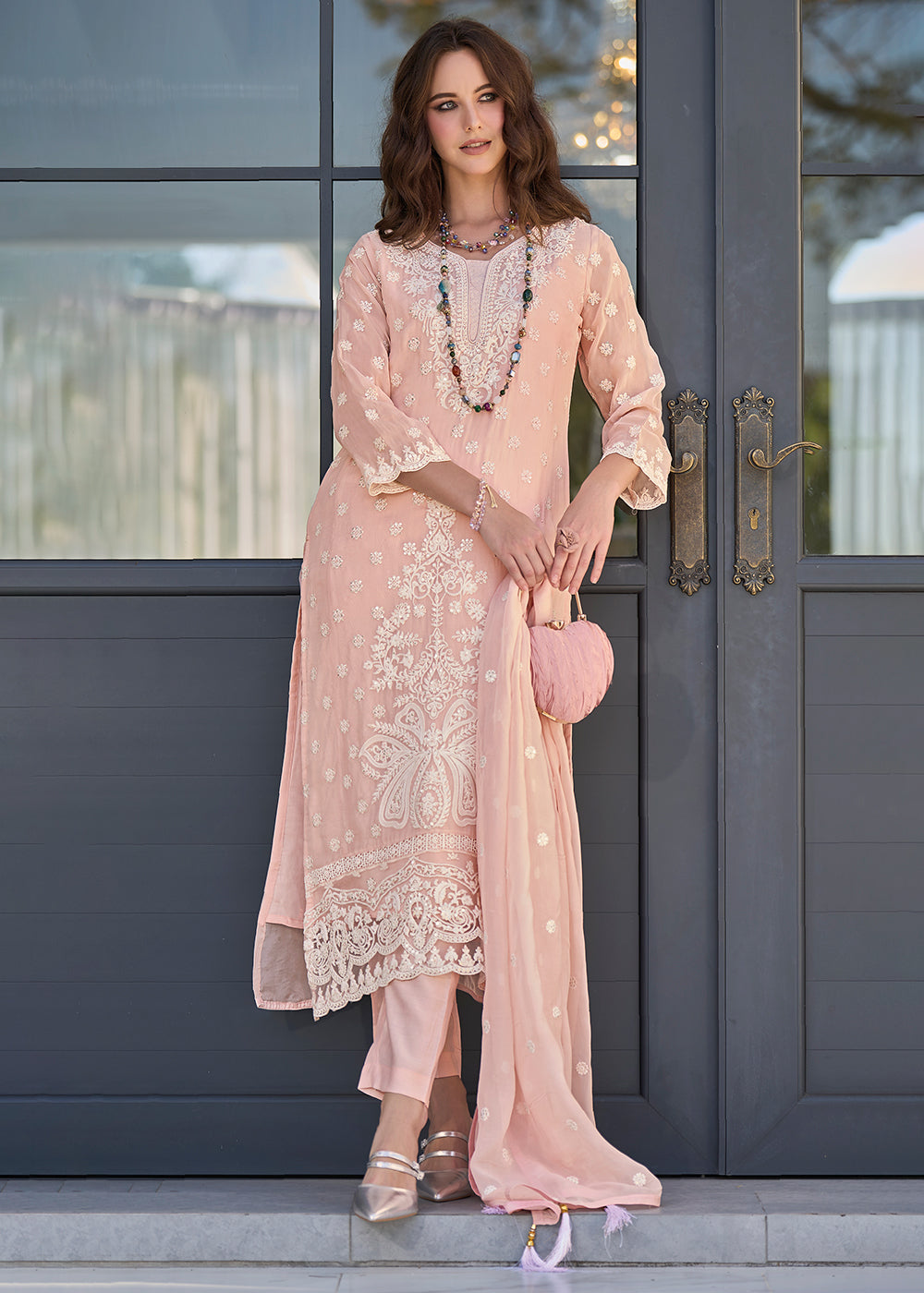 Light Peach Pink Embroidered Designer Organza Suit