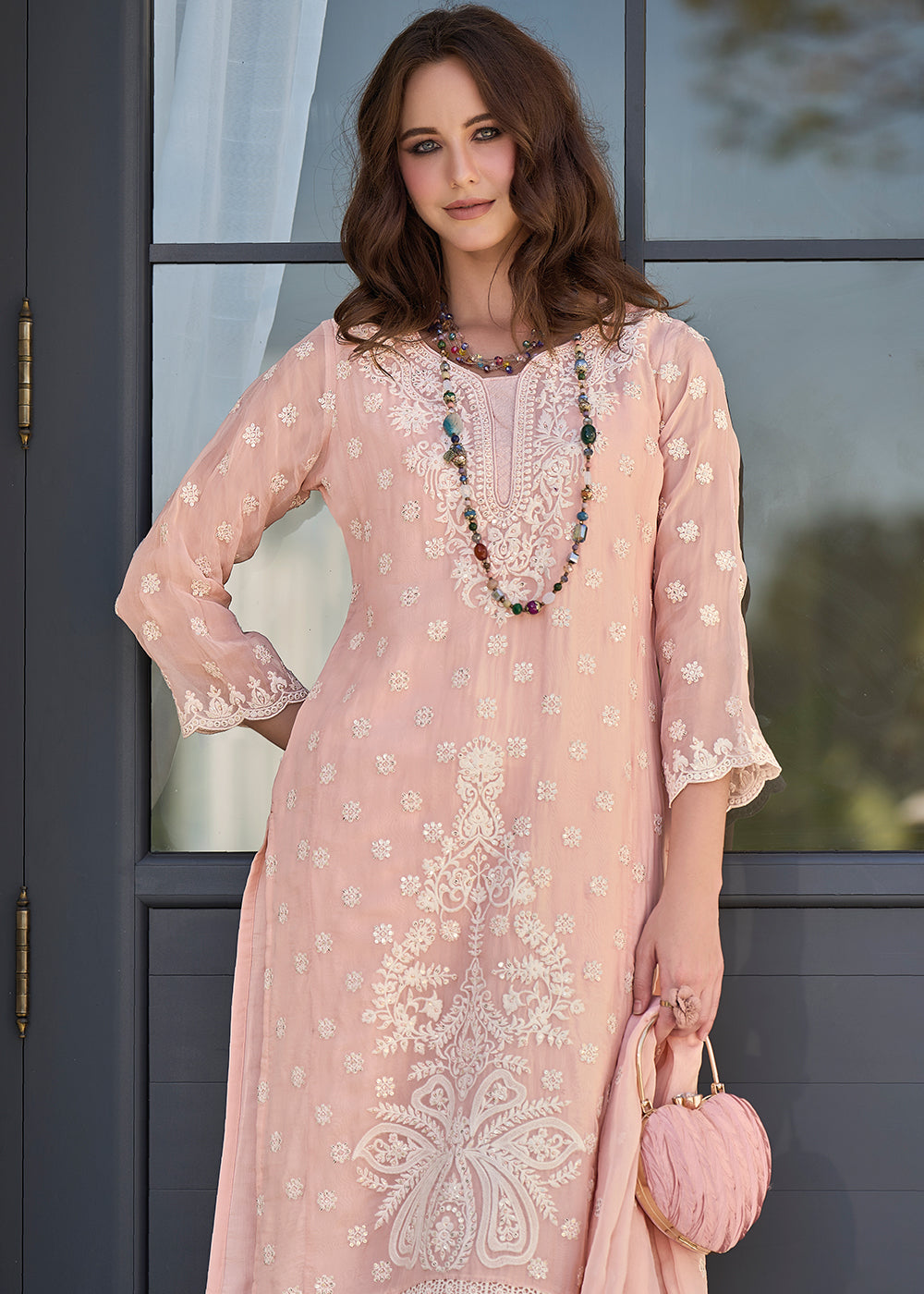 Light Peach Pink Embroidered Designer Organza Suit