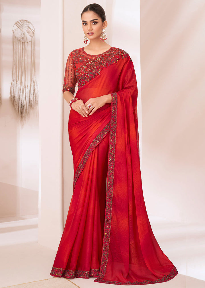 Tart Red Designer Embroidered Shaded Chiffon Saree