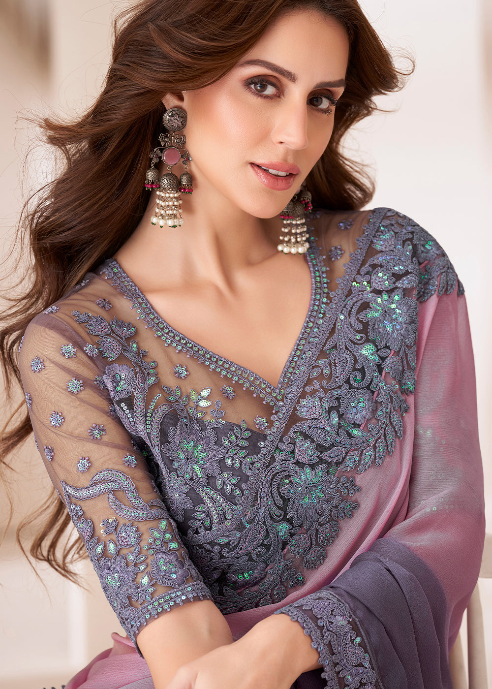 Shades Of Purple Designer Embroidered Chiffon Saree