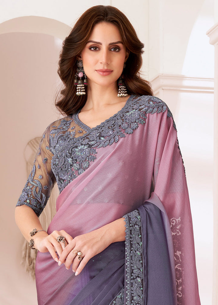 Shades Of Purple Designer Embroidered Chiffon Saree