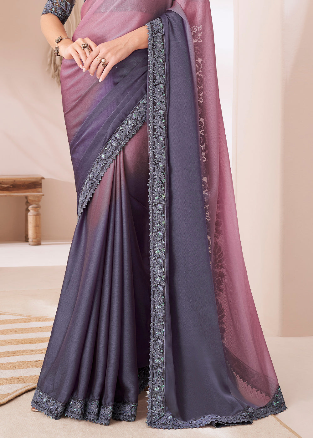 Shades Of Purple Designer Embroidered Chiffon Saree