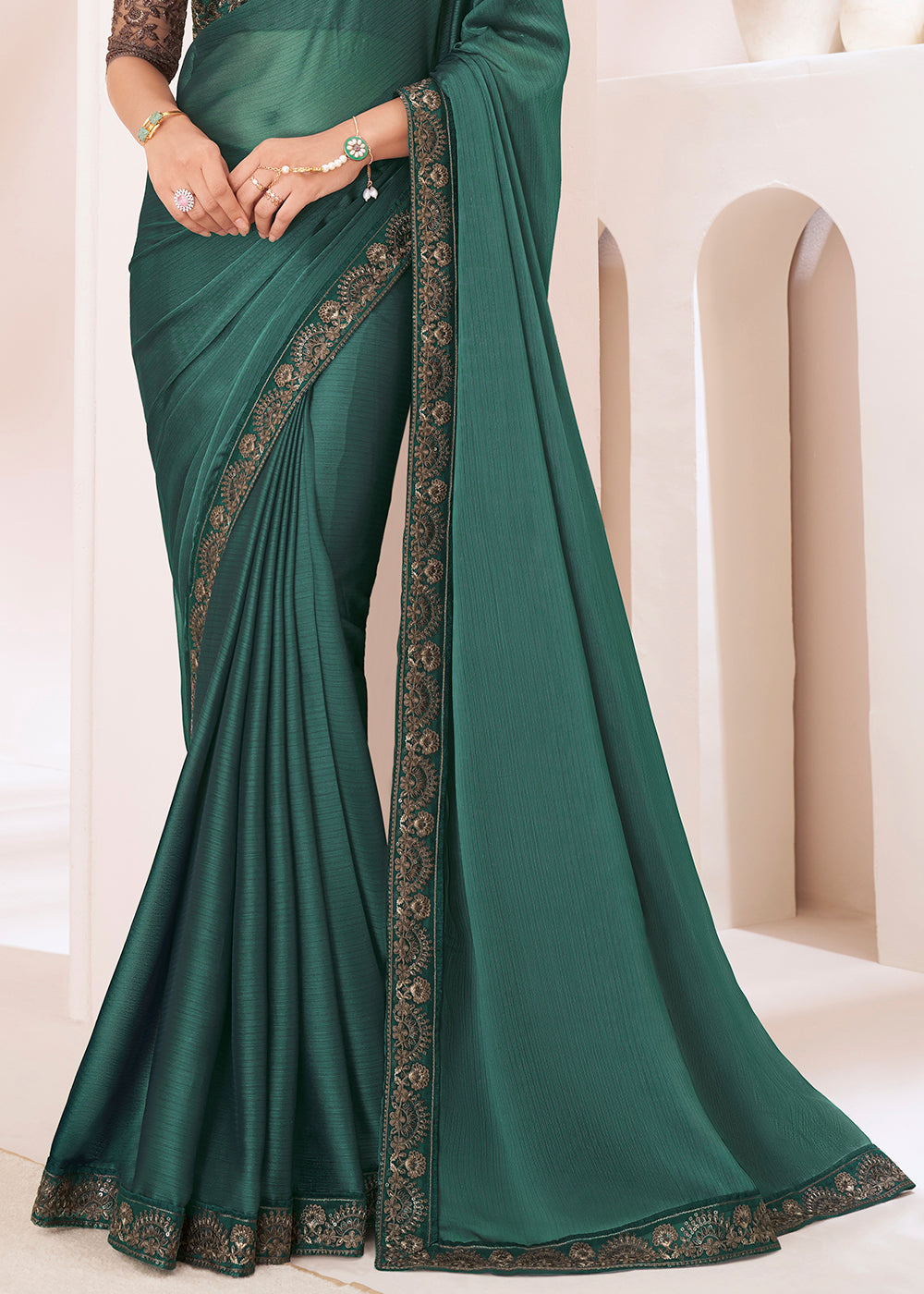 Viridian Green Designer Embroidered Georgette Silk Saree