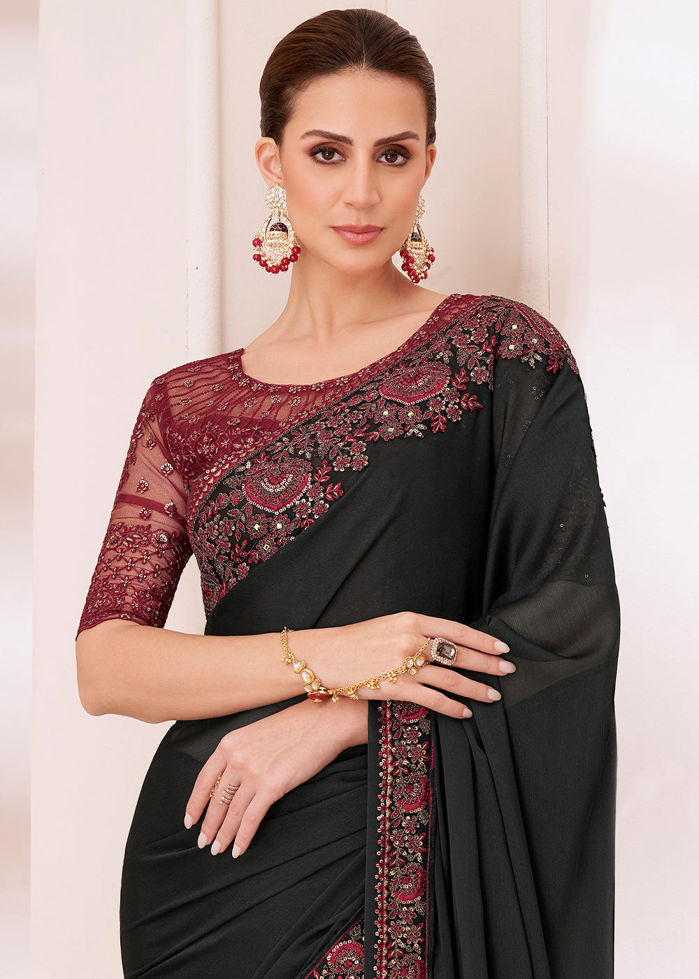 Midnight Black Designer Embroidered Silk Chiffon Saree