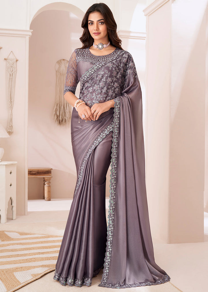 Mauve Purple Designer Embroidered Satin Silk Saree