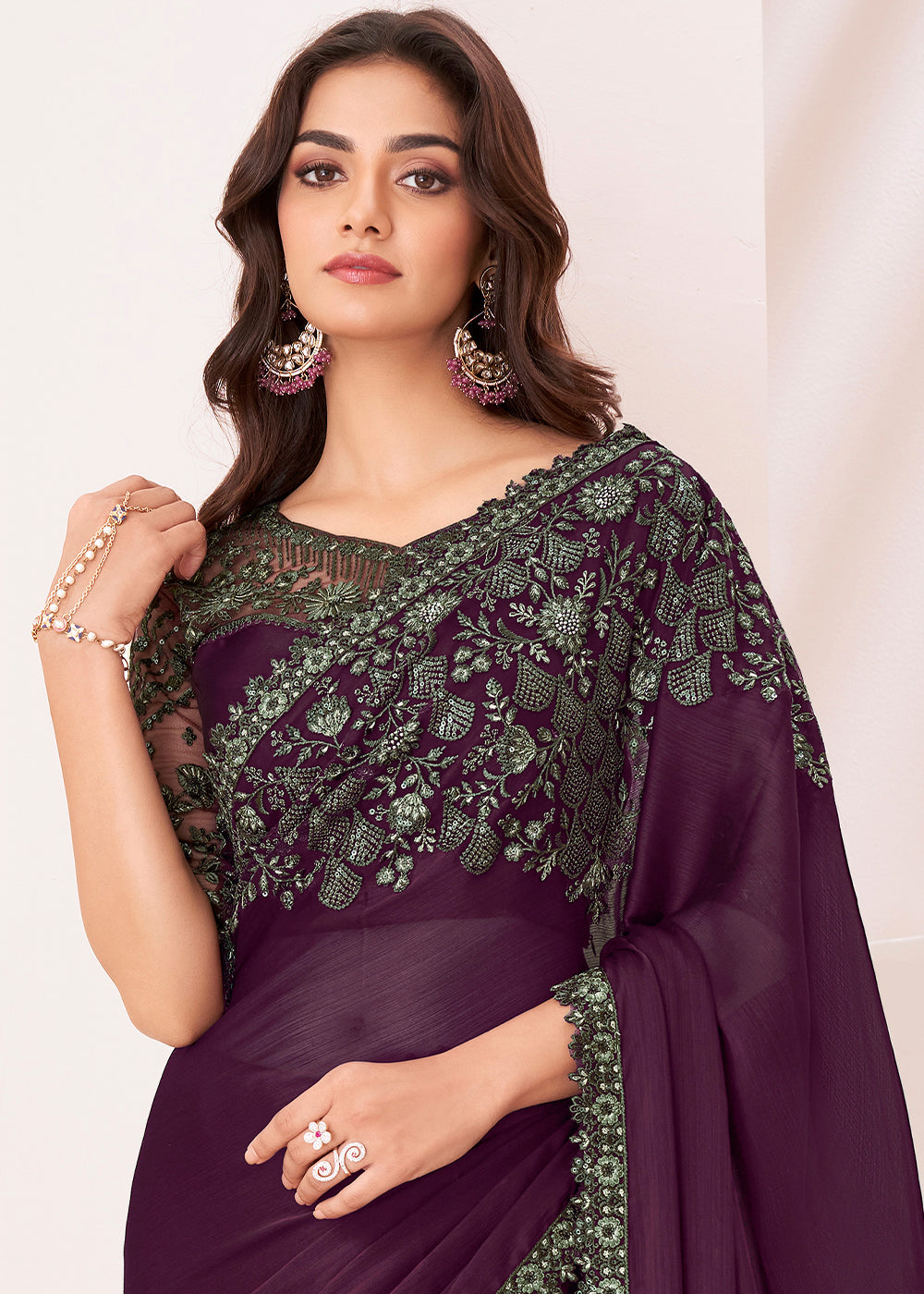 Raisin Purple Designer Embroidered Satin Chiffon Saree