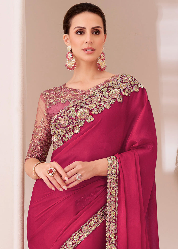 Ruby Pink  Designer Embroidered Satin Chiffon Saree