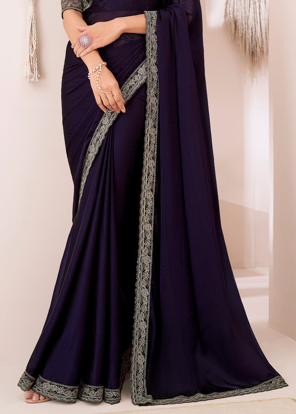 Eggplant Purple Designer Embroidered Georgette Chiffon Saree