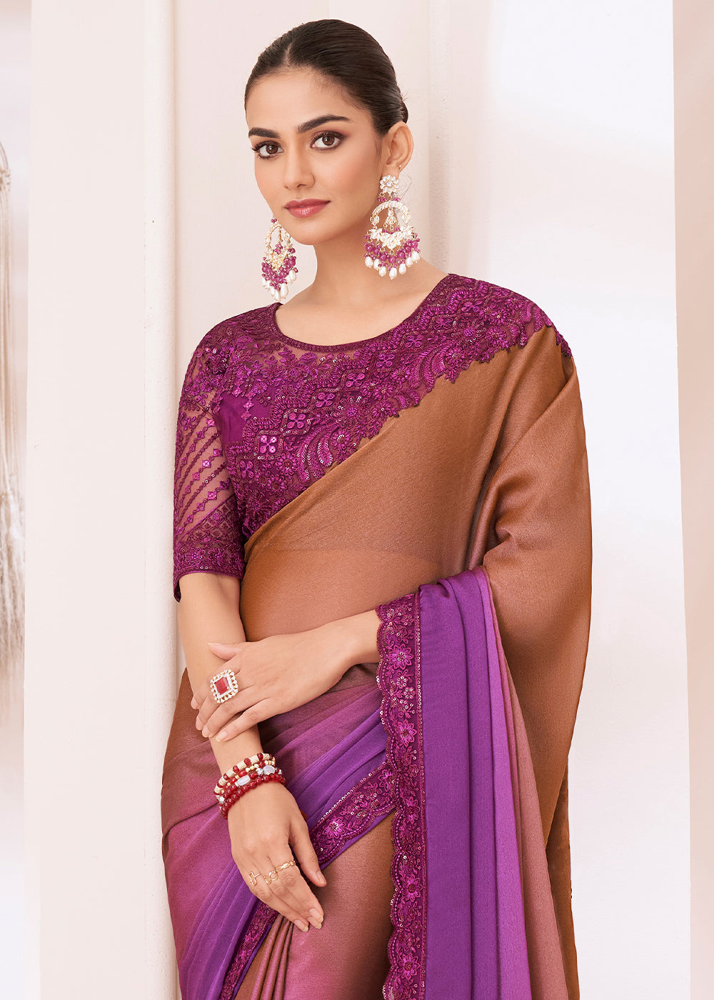 Brown & Purple Designer Embroidered Shaded Chiffon Saree