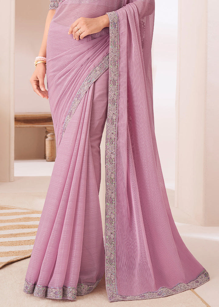 Light Lilac Purple Designer Embroidered Shaded Chiffon Saree