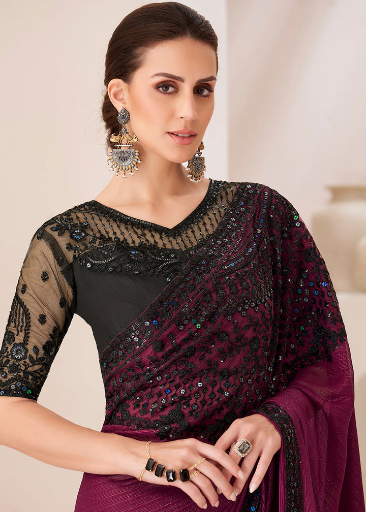 Sangria Purple Designer Embroidered Satin Georgette Saree