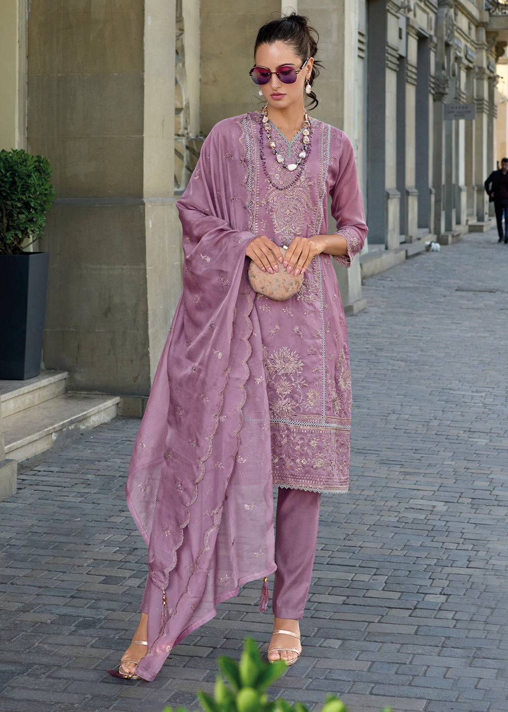 French Lilac Purple Intricate Embroidered Organza Suit