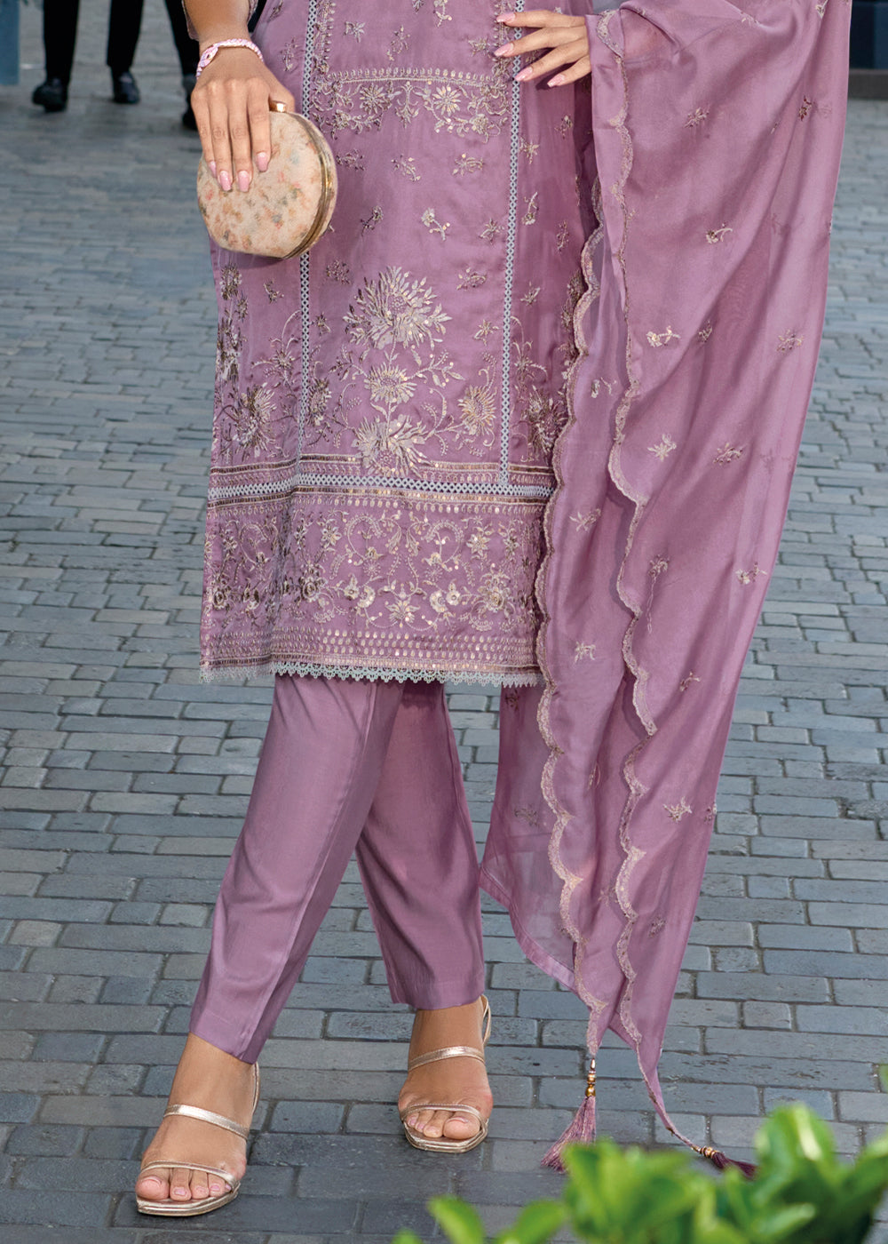 French Lilac Purple Intricate Embroidered Organza Suit