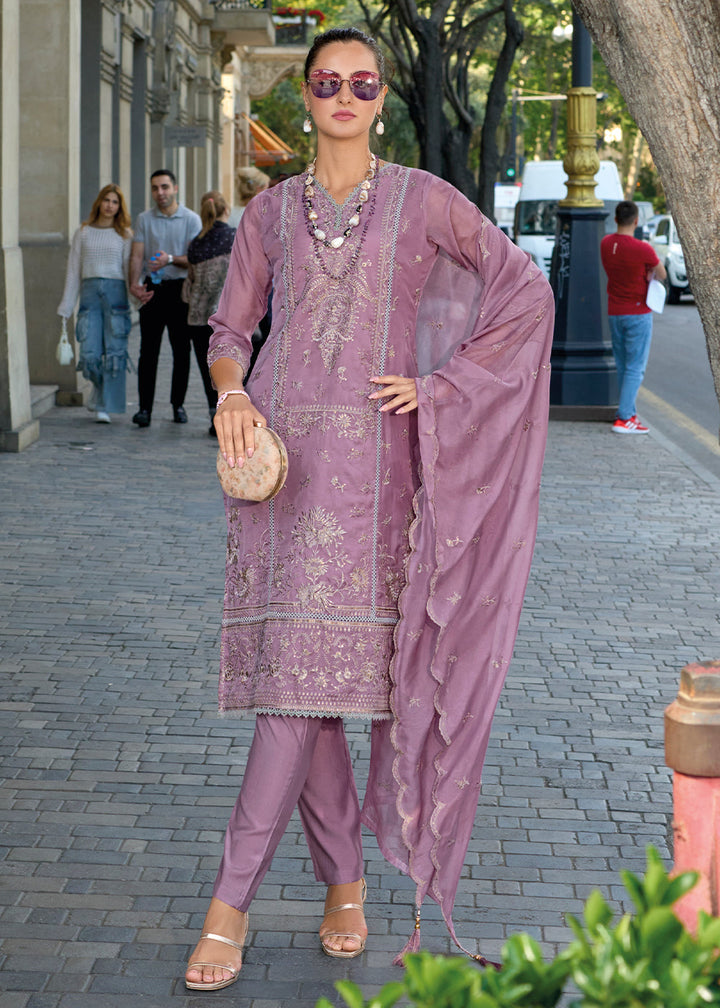 French Lilac Purple Intricate Embroidered Organza Suit