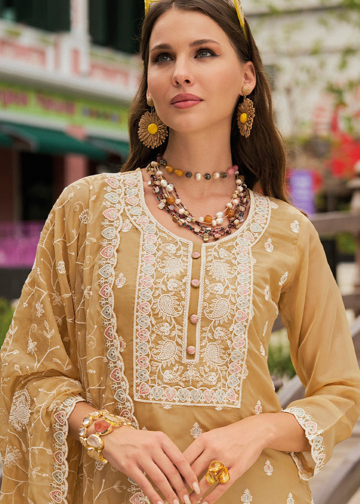 Sand Brown Intricate Embroidered Organza Suit