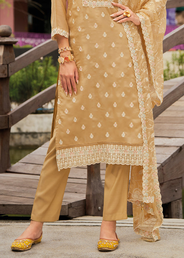 Sand Brown Intricate Embroidered Organza Suit