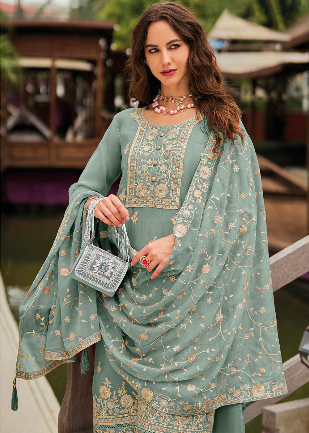 Desaturated Green Chiffon Suit having Beautiful Embrodery work