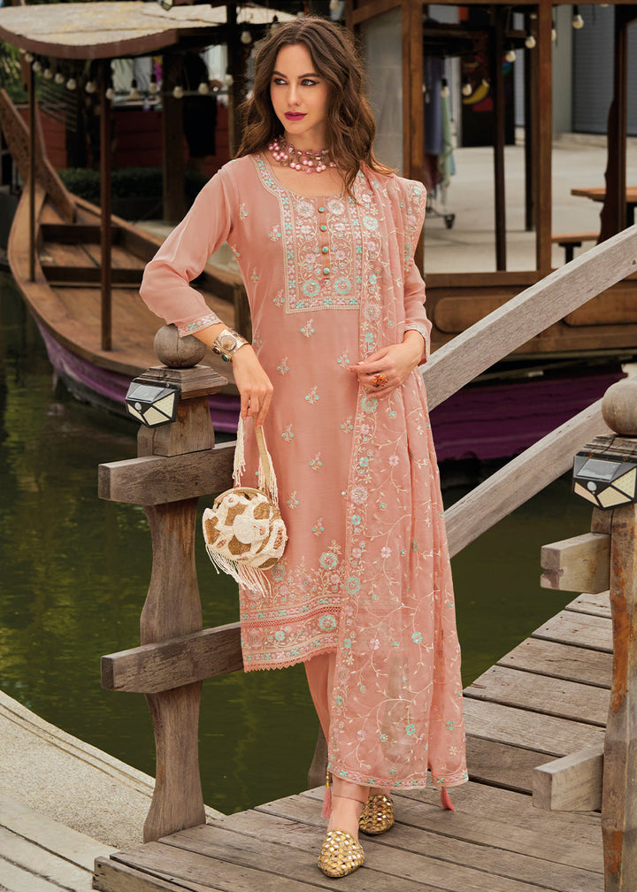 Cantaloupe Orange Chiffon Suit having Beautiful Embrodery work