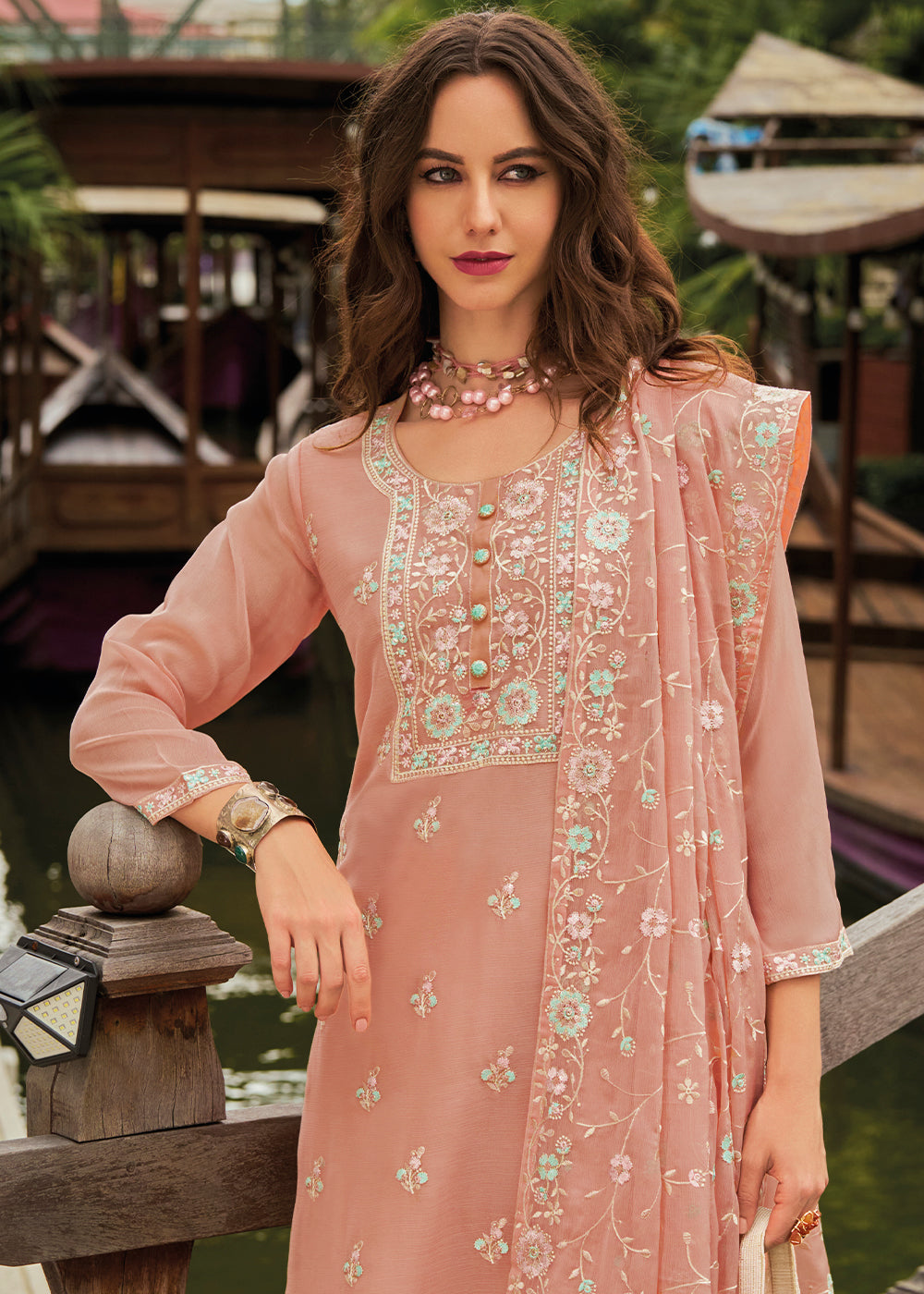 Cantaloupe Orange Chiffon Suit having Beautiful Embrodery work