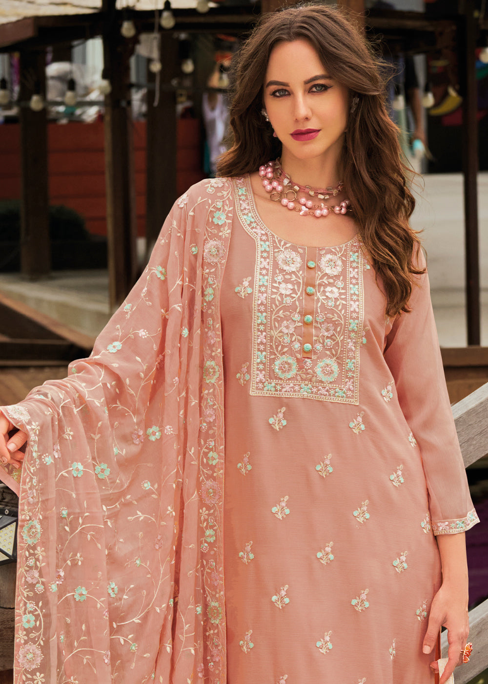 Cantaloupe Orange Chiffon Suit having Beautiful Embrodery work