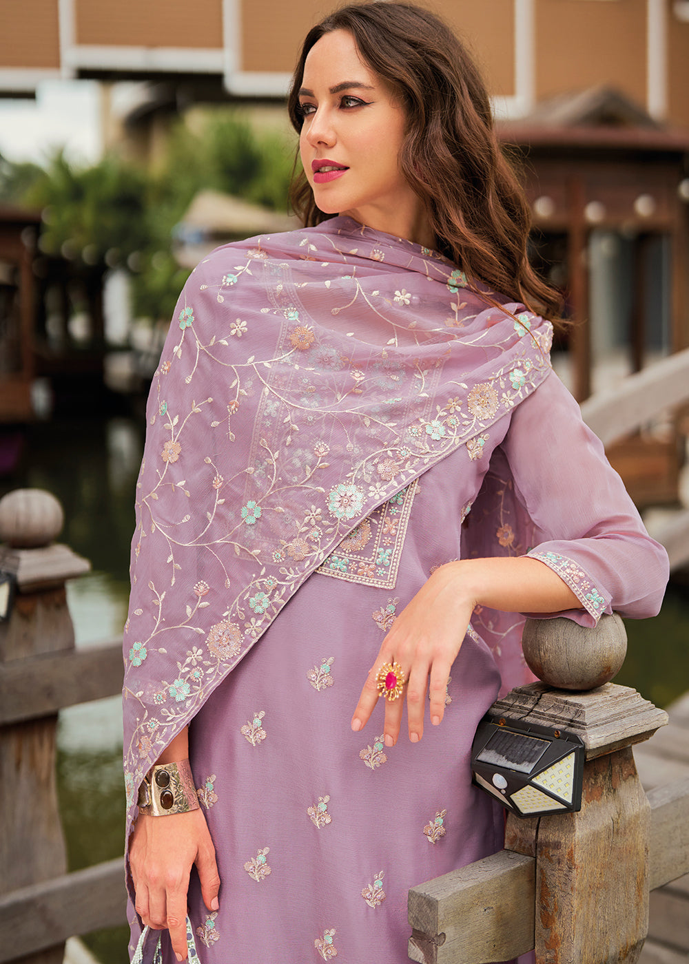 Floral Purple Chiffon Suit having Beautiful Embrodery work