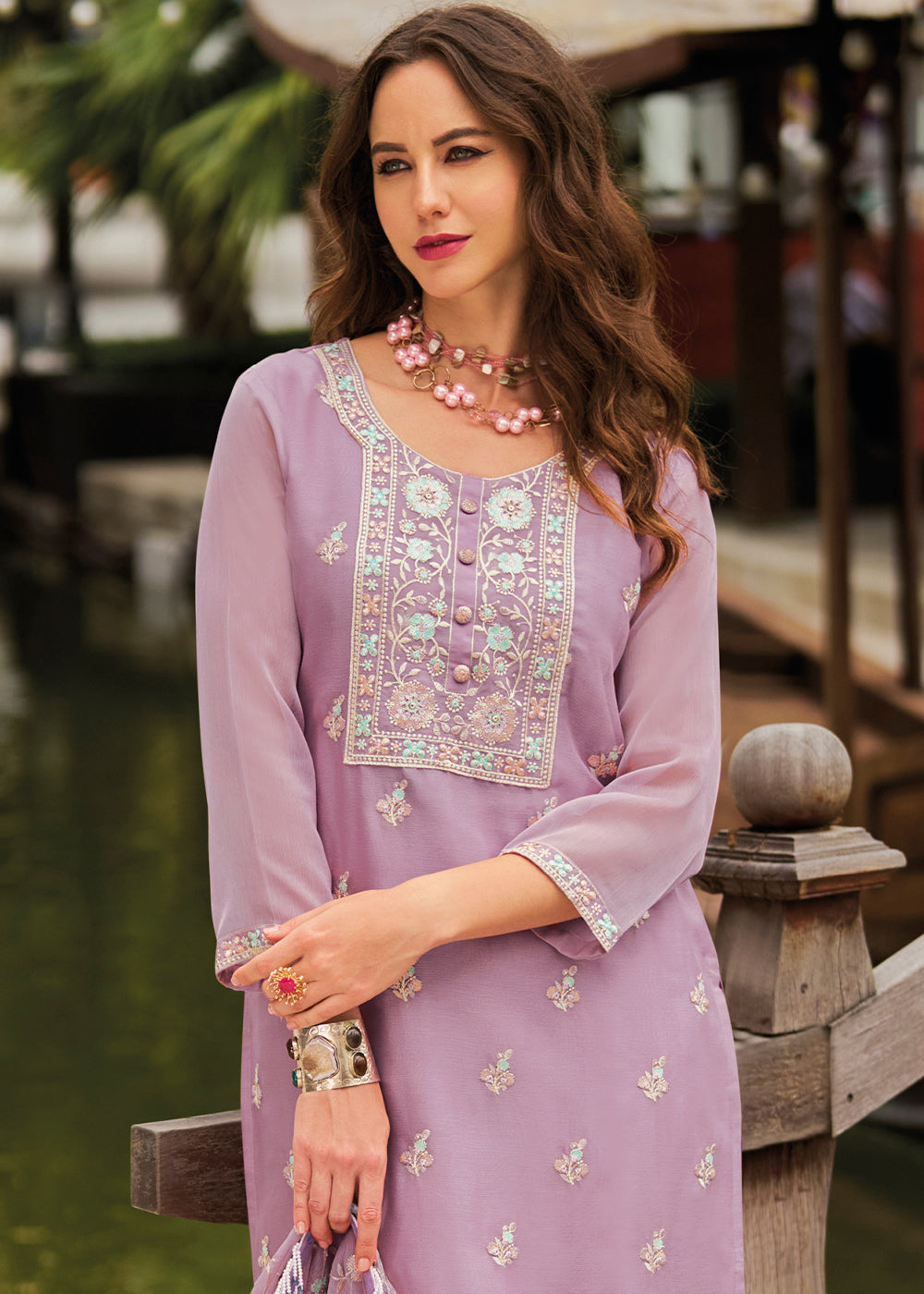 Floral Purple Chiffon Suit having Beautiful Embrodery work