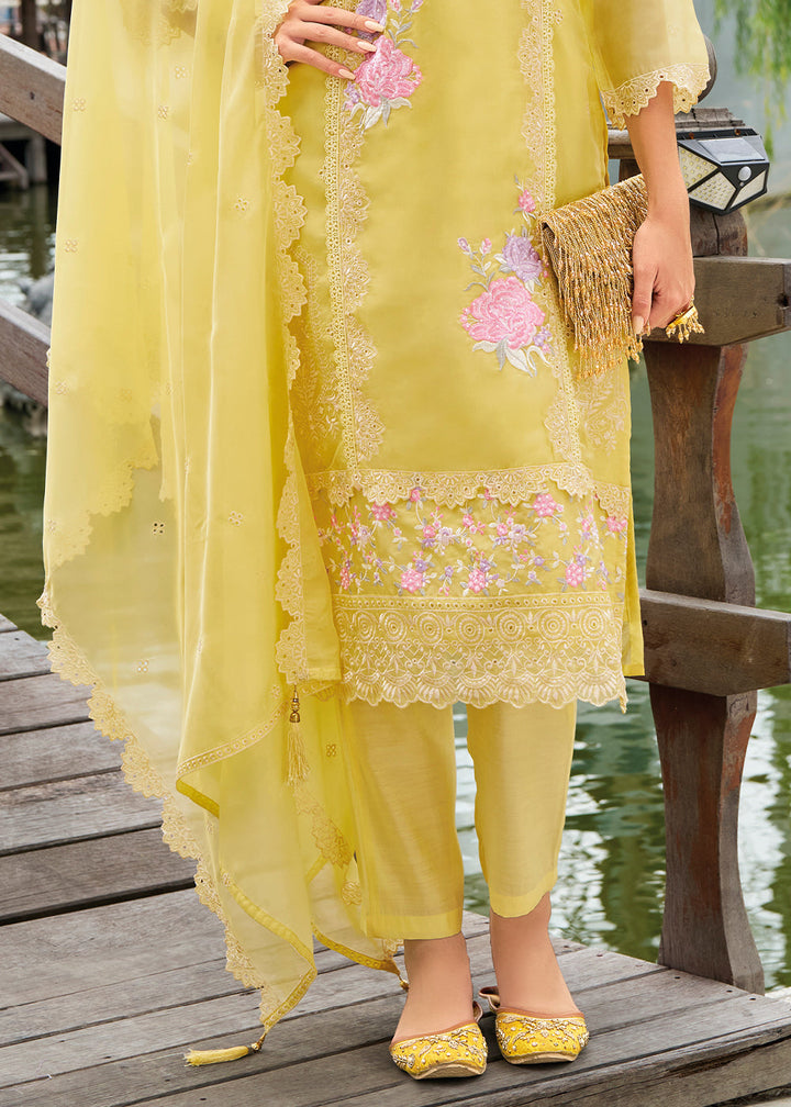 Lemon Yellow Organza Suit with Floral Embroidery work