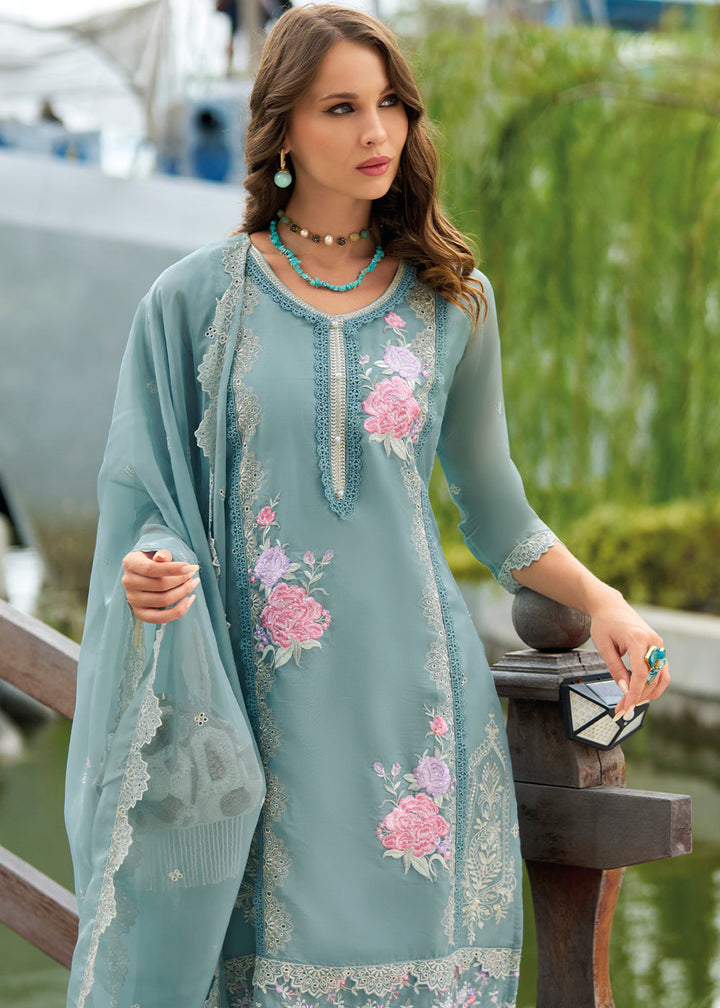 Maximum Blue Organza Suit with Floral Embroidery work