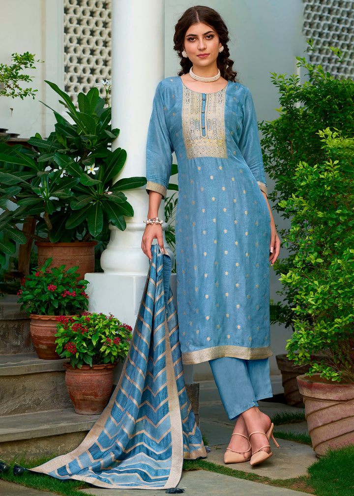 Celadon Blue Viscose Dola Silk Jacquard Kurta . Paired with Santoon Trouser and Viscose Dola Jacquard Dupatta