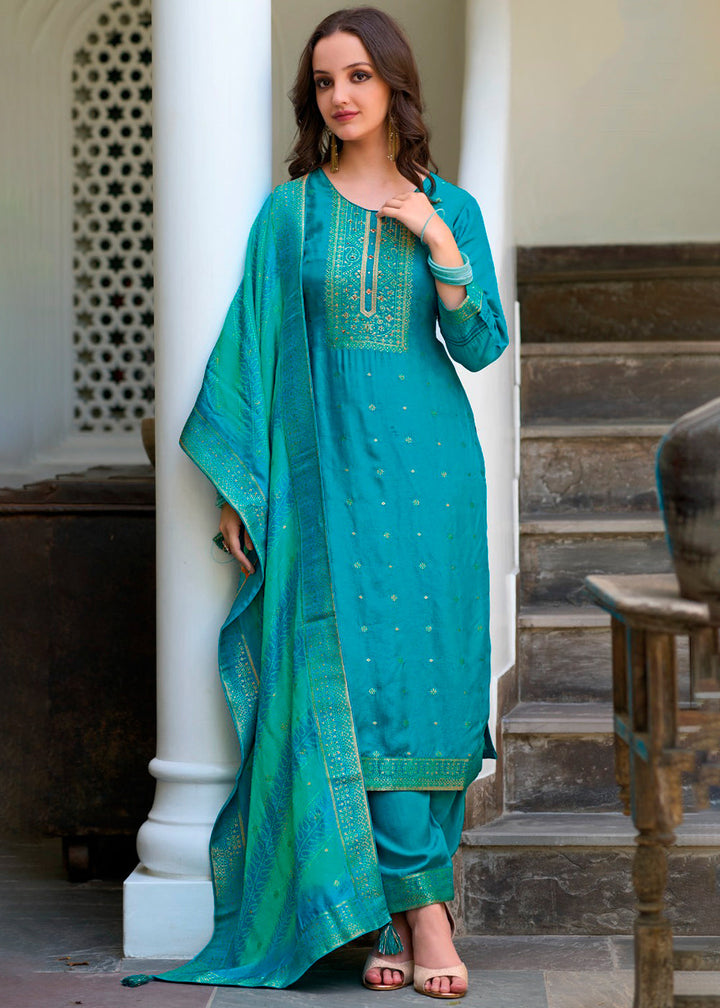 Cerulean Blue Dola Silk Jacquard Kurta. Paired with Santoon Trouser and Dola Silk Printed Dupatta