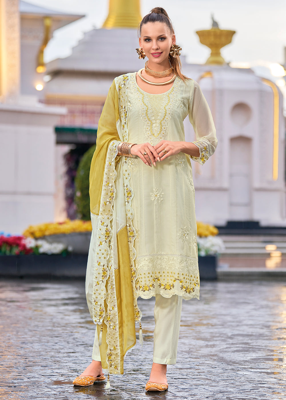 White & Yellow Organza Suit with Floral Embroidery work