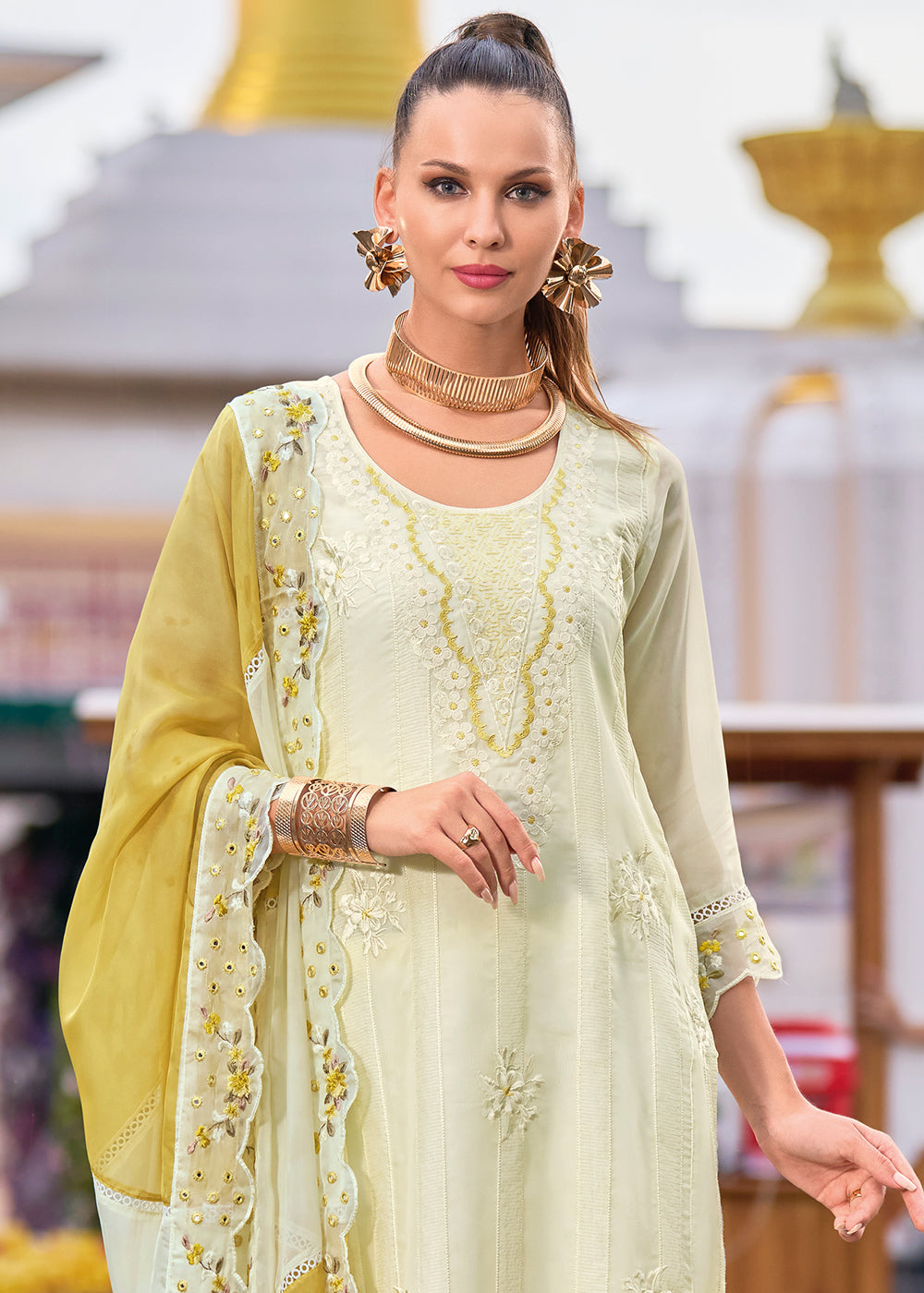 White & Yellow Organza Suit with Floral Embroidery work