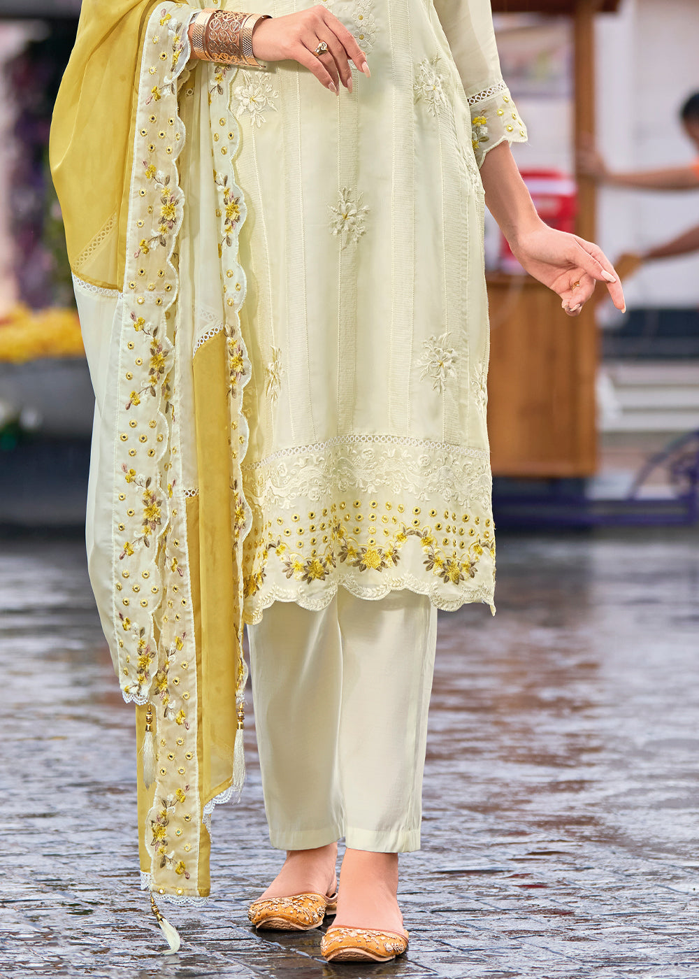 White & Yellow Organza Suit with Floral Embroidery work