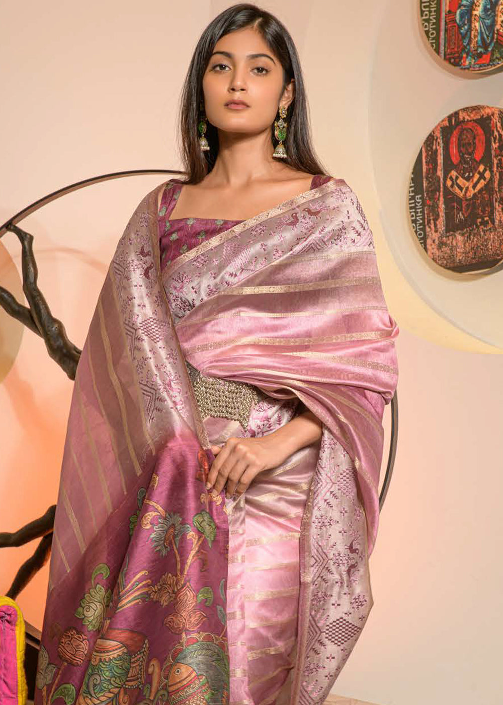 Shades Of Pink Digital Printed Kora Silk Saree with Embroidery work on Border