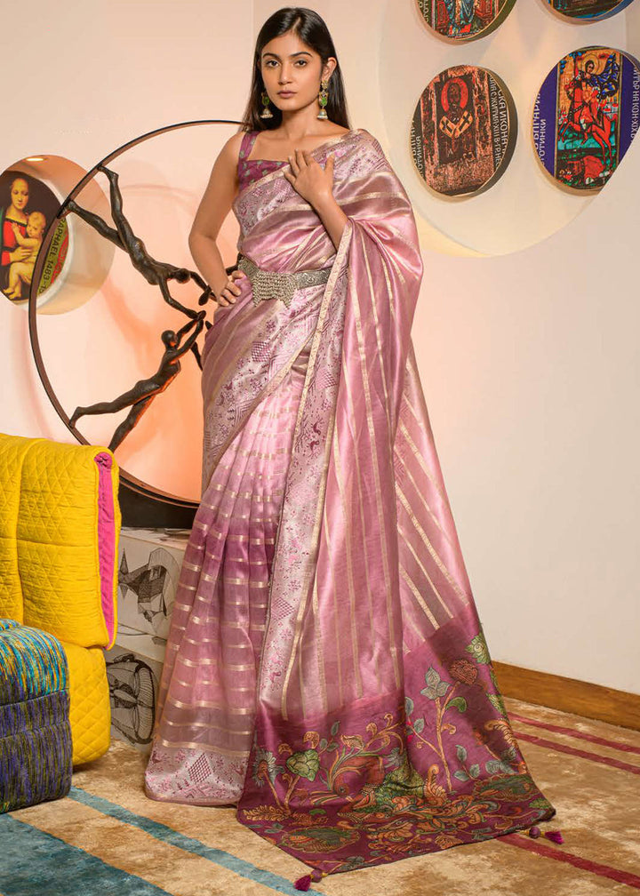 Shades Of Pink Digital Printed Kora Silk Saree with Embroidery work on Border