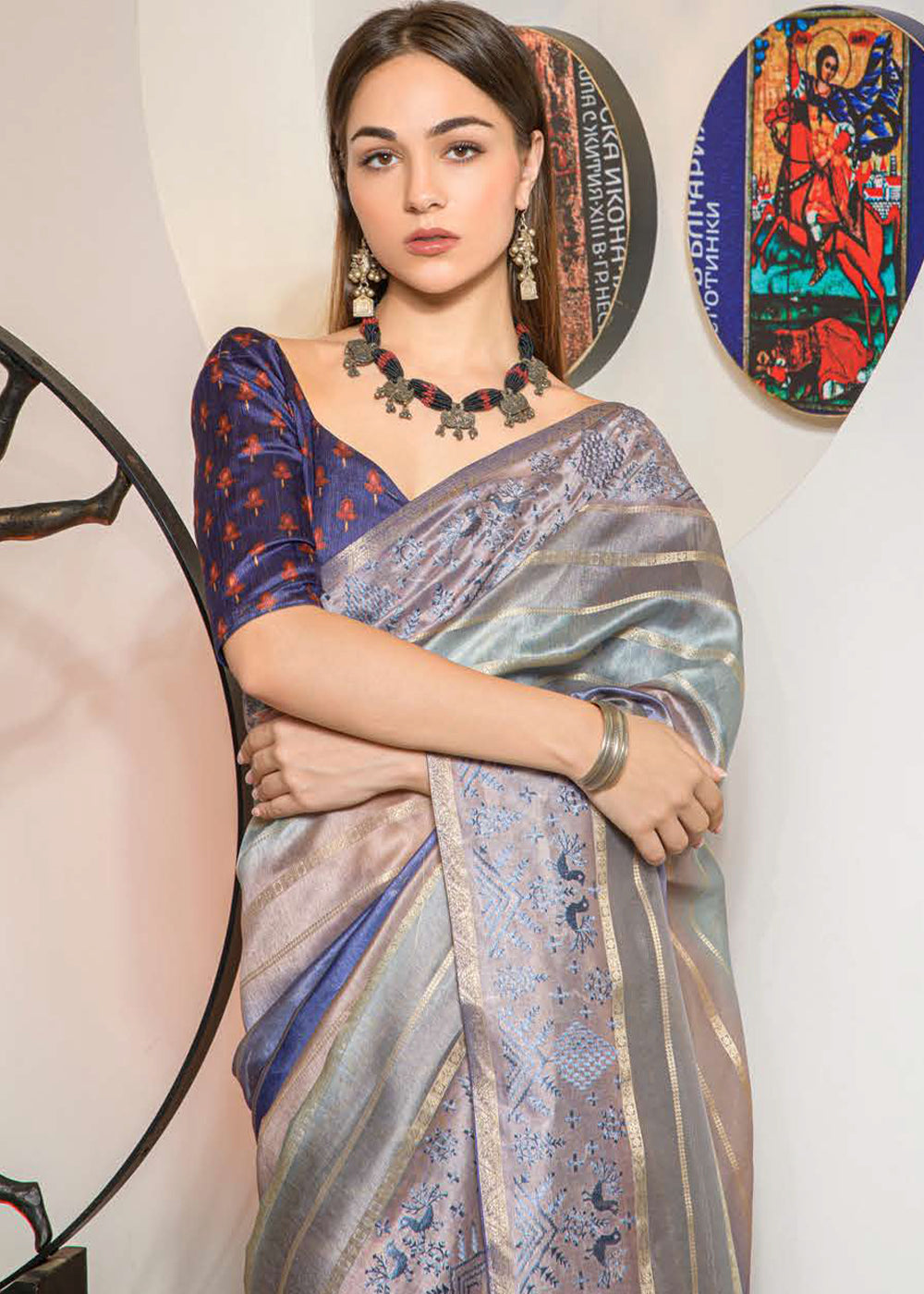 Grey & Blue Digital Printed Kora Silk Saree with Embroidery work on Border