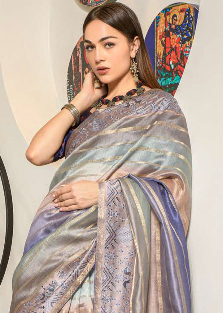 Grey & Blue Digital Printed Kora Silk Saree with Embroidery work on Border