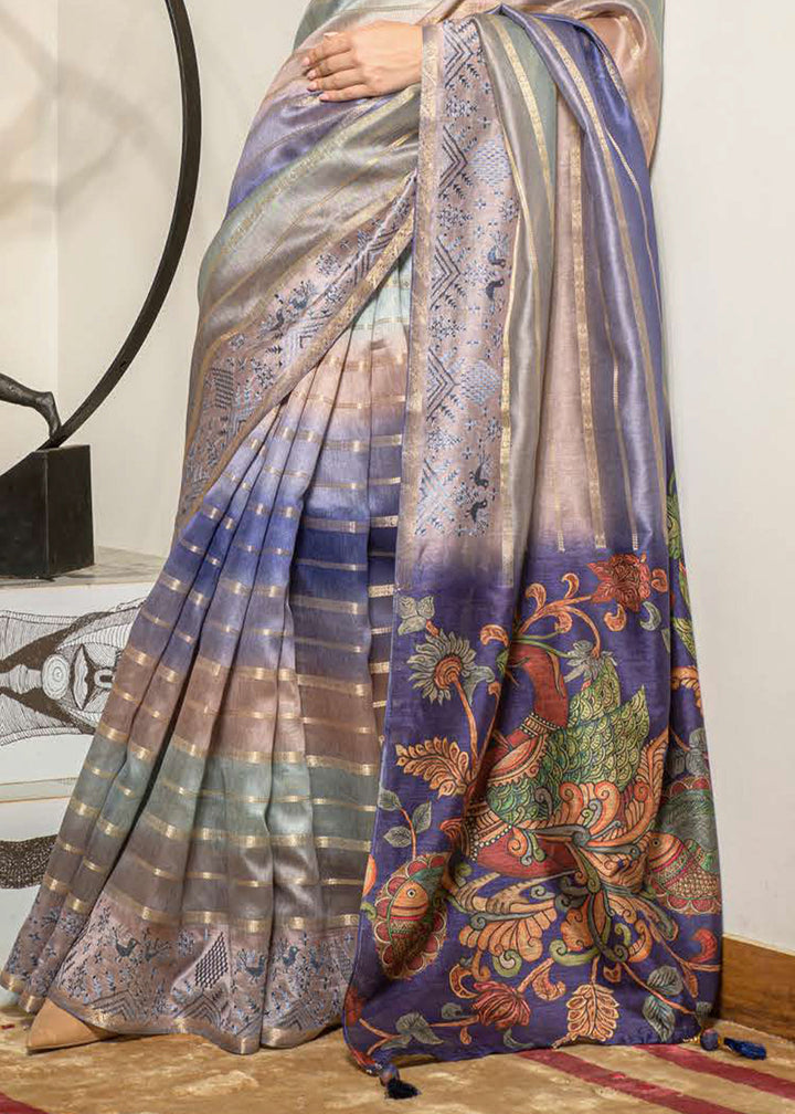 Grey & Blue Digital Printed Kora Silk Saree with Embroidery work on Border