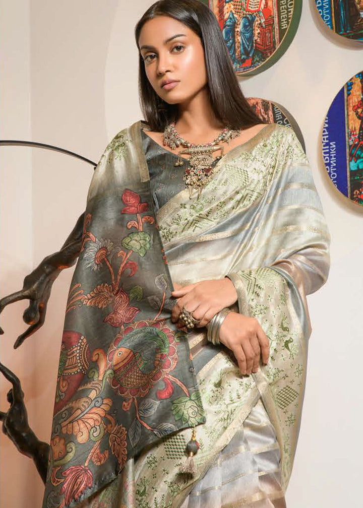 Dark Grey & Green Digital Printed Kora Silk Saree with Embroidery work on Border