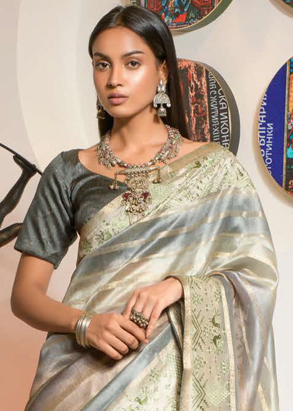 Dark Grey & Green Digital Printed Kora Silk Saree with Embroidery work on Border