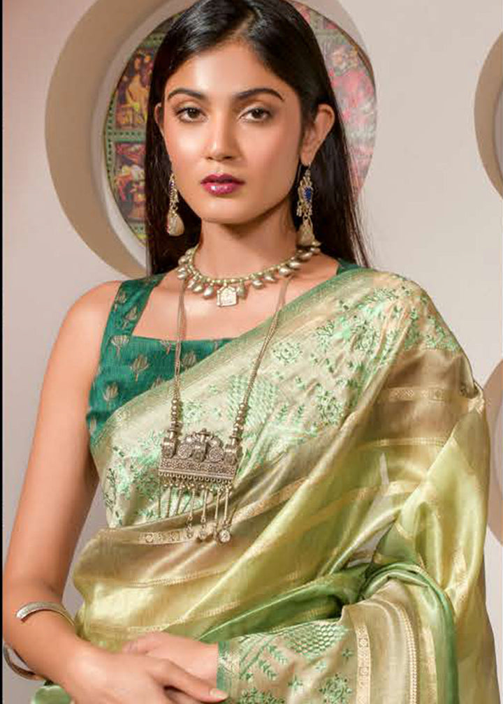 Shades Of Green Digital Printed Kora Silk Saree with Embroidery work on Border