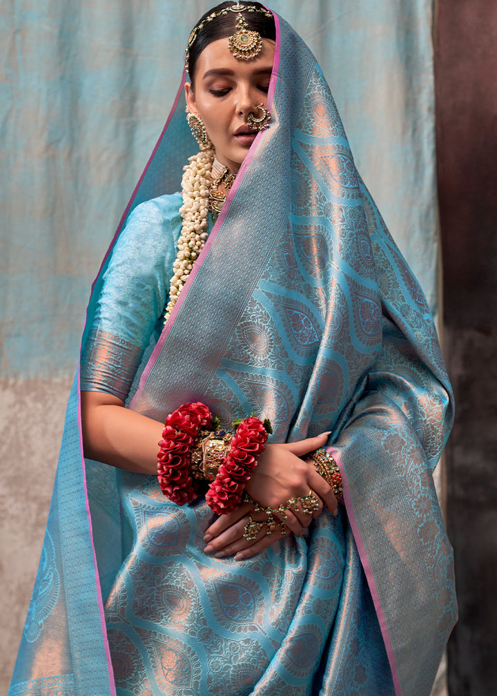 French Blue Two Tone Kanjivaram Silk Saree Embellished with Intricate Gold Zari work